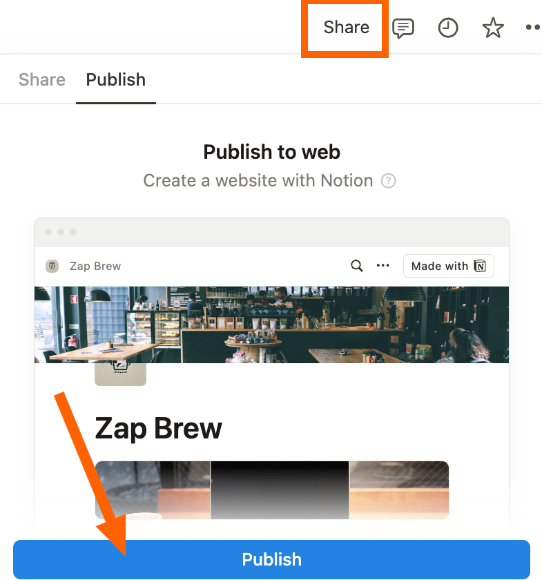 Screenshot showing how to publish your Notion page.