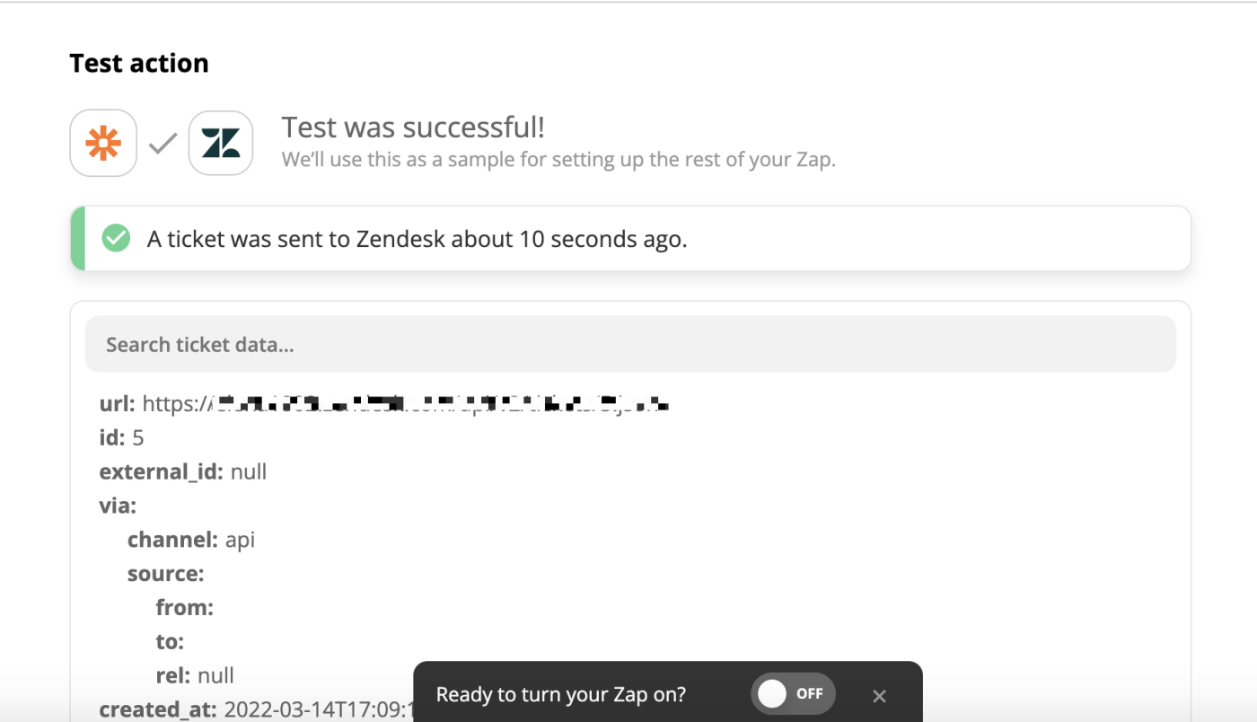 A successful test screen with the text "Test was successful!".