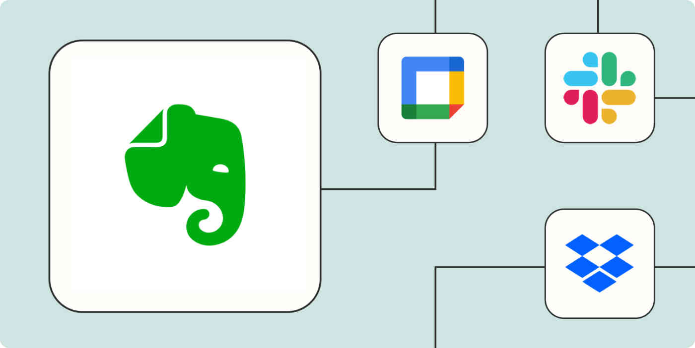 A hero image of the Evernote app logo connected to other app logos on a light blue background.