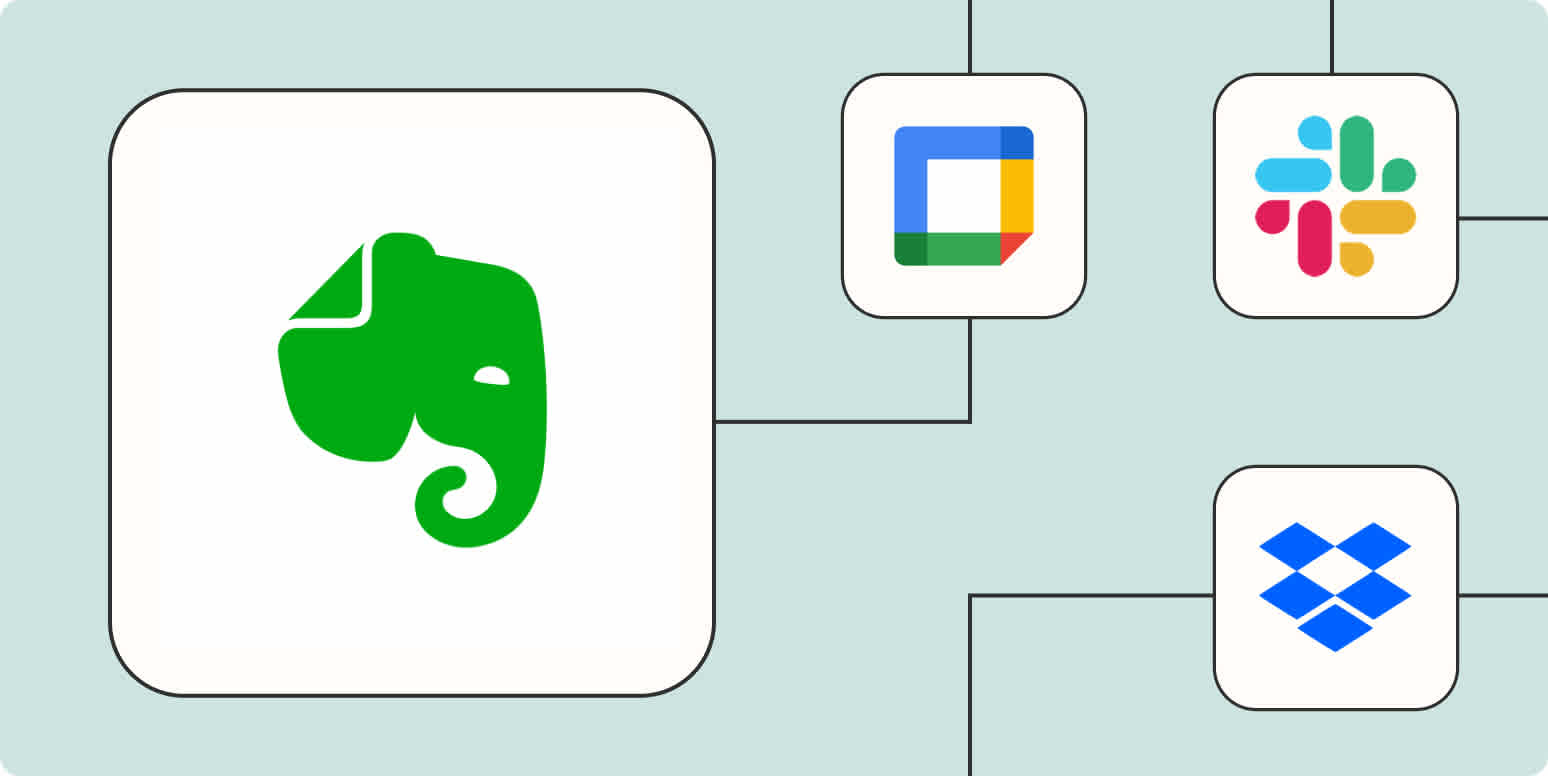 A hero image of the Evernote app logo connected to other app logos on a light blue background.