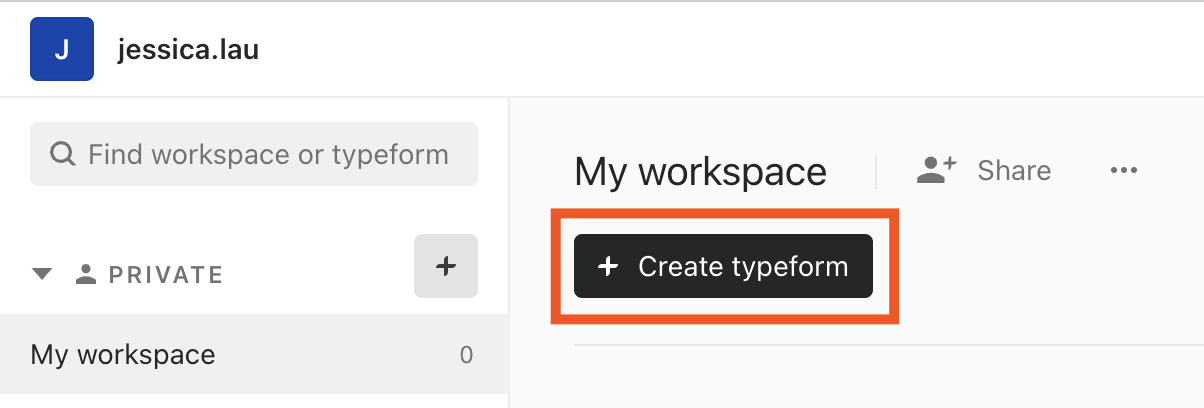 Typeform workspace with the option to create typeform highlighted. 