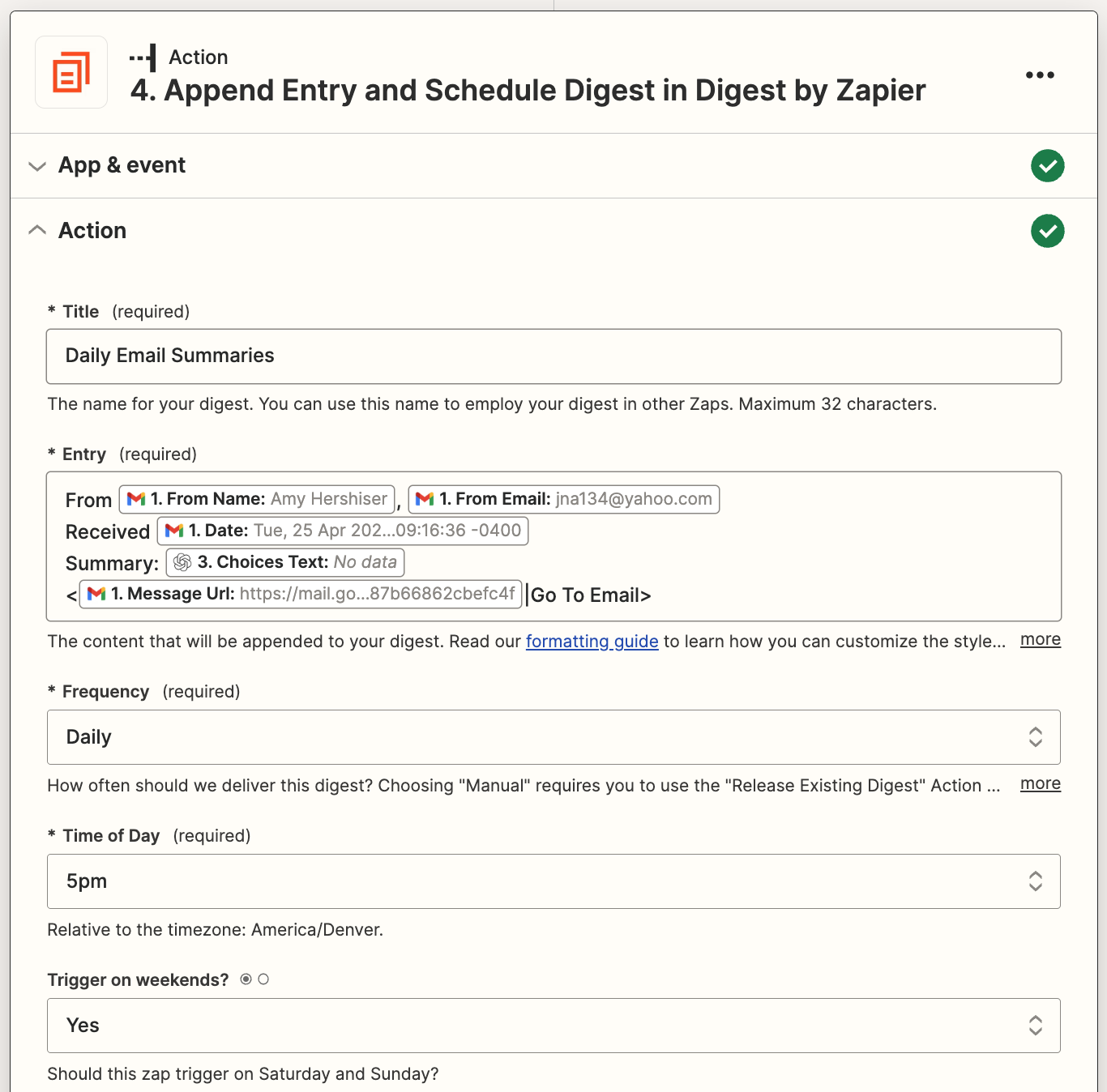A digest step in the Zap editor with a list of emails summarized in the Body field.