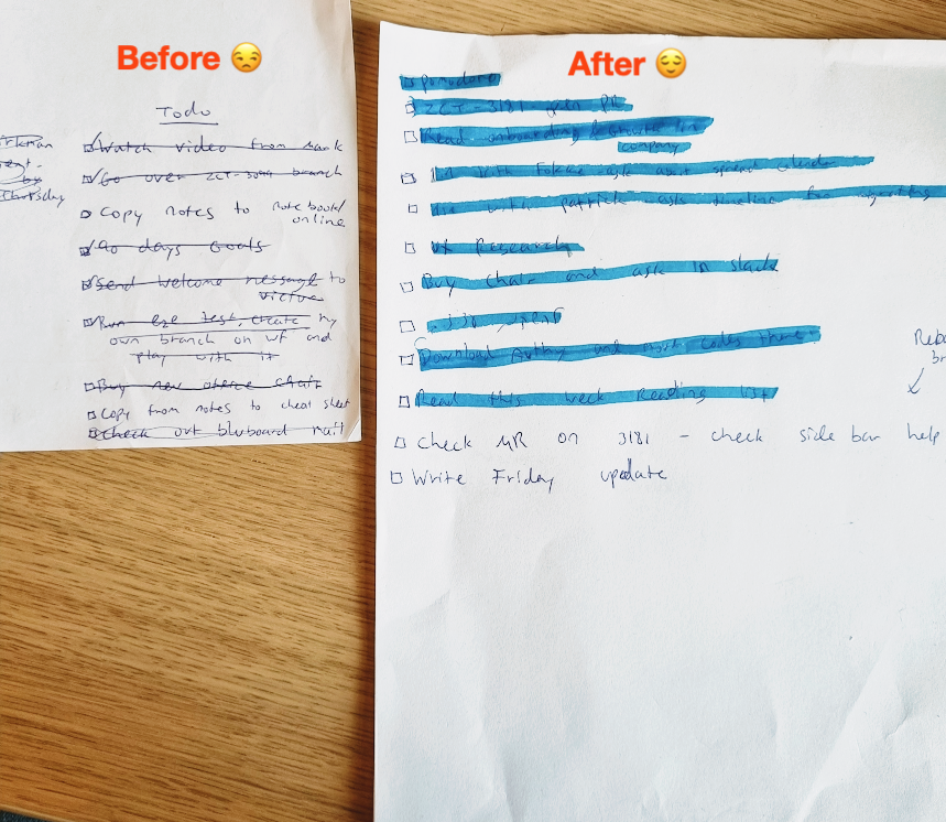 Side-by-side tasks lists, one with completed tasks crossed off, one with completed tasks highlighted