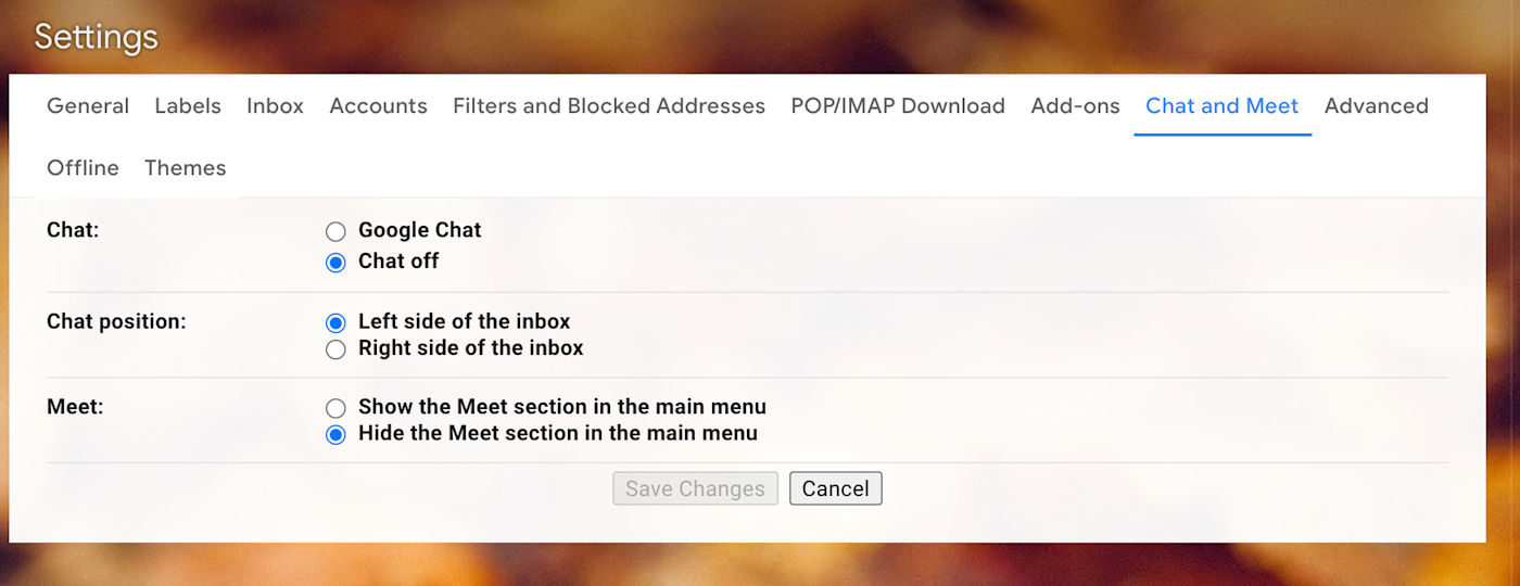 Chat and Meet settings in Gmail