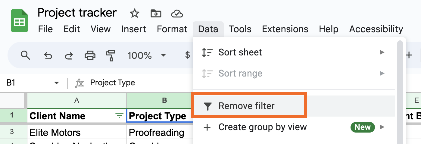 How to delete a filter in Google Sheets.