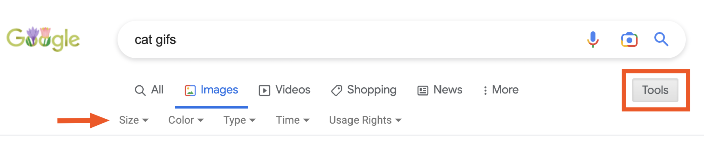 Images tab of Google Search with an arrow pointing to search filters, including size, color, and type.