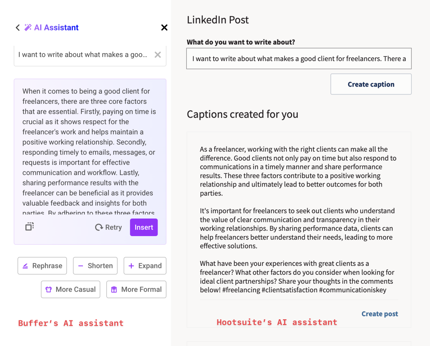 Side-by-side examples of the generative AI output from Buffer and Hootsuite