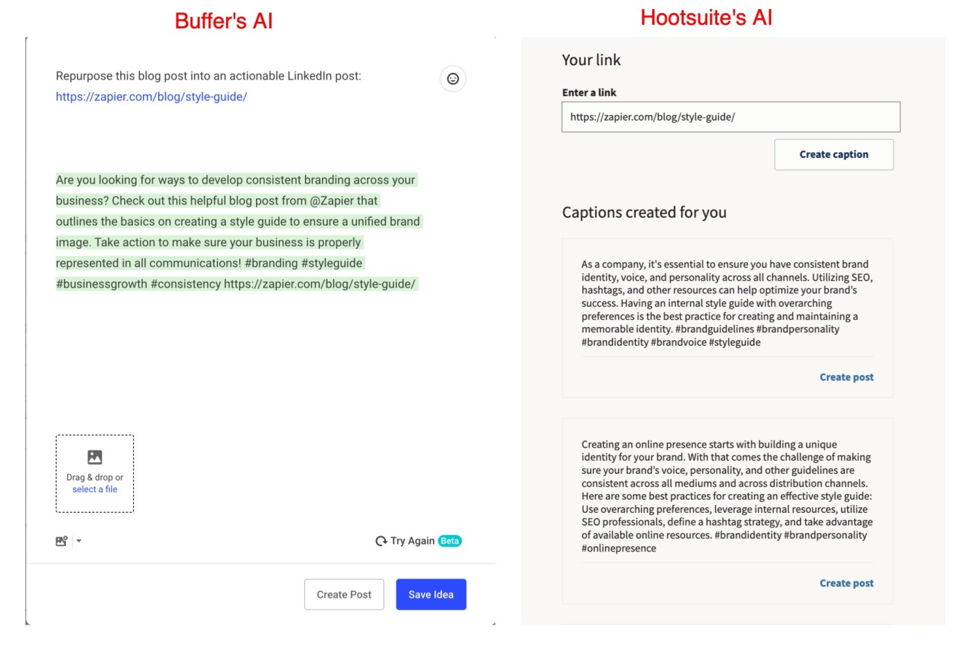 Side-by-side examples of the generative AI output from Buffer and Hootsuite