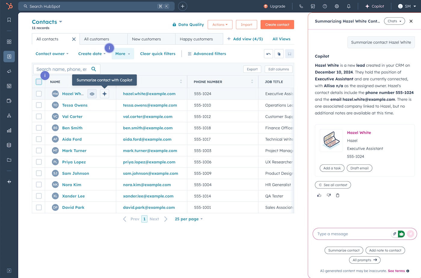 Screenshot of HubSpot's AI integration features, showing a newsletter signup webpage in progress with an orange box around the AI options: rewrite, expand, shorten, and change tone 