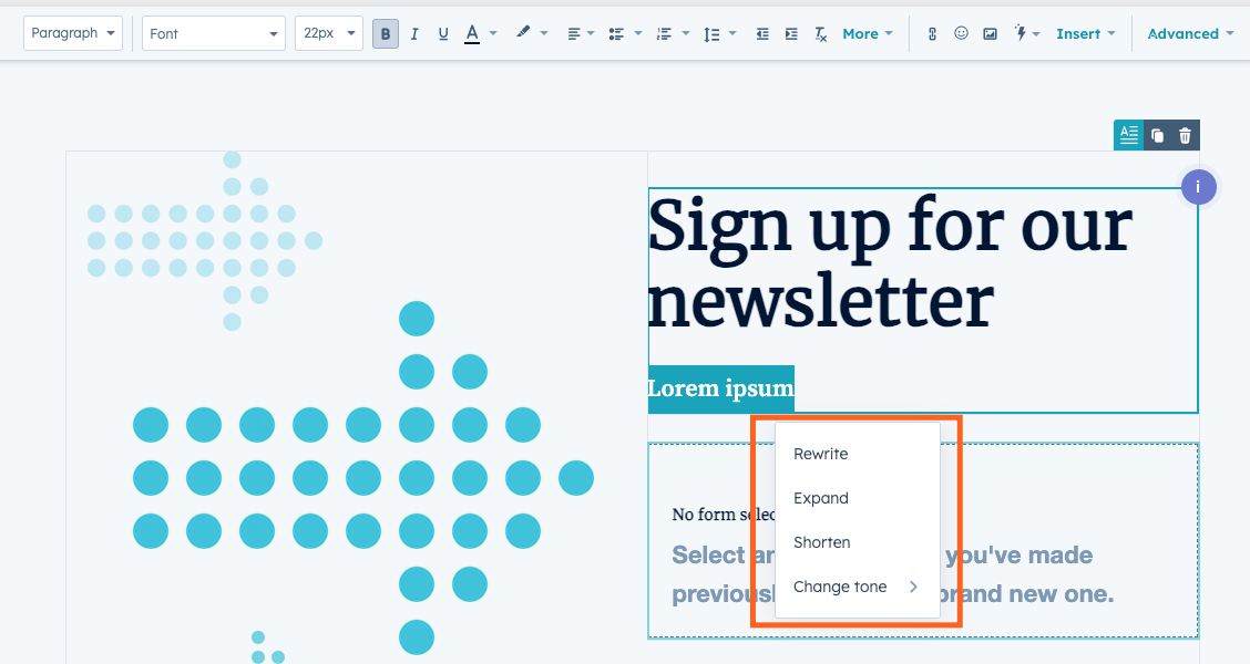 Screenshot of HubSpot's AI integration features, showing a newsletter signup webpage in progress with an orange box around the AI options: rewrite, expand, shorten, and change tone 