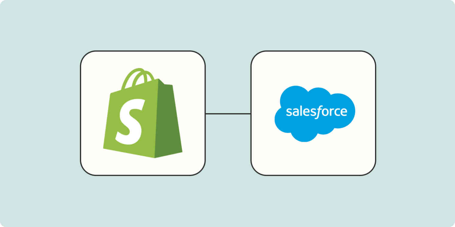 Hero image for a Zapier tutorial with the Shopify and Salesforce logos connected by dots