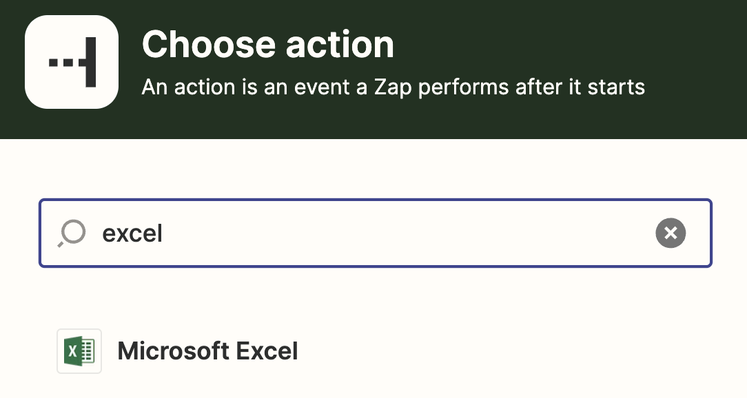 Screenshot of excel search in action step