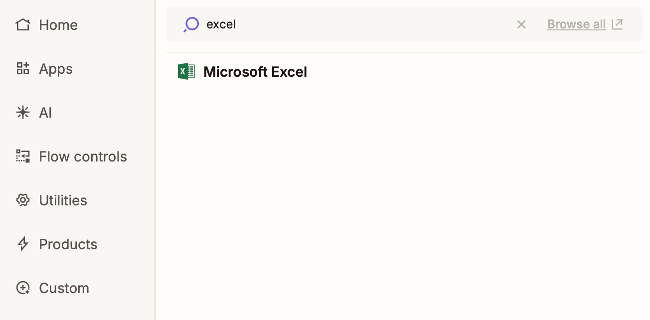 Screenshot of excel search in action step