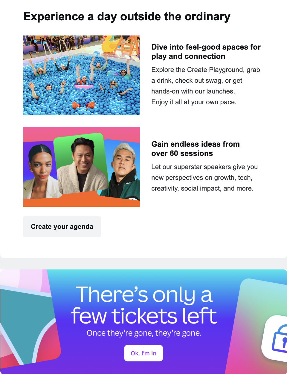 Canva Create event promotion email with two CTAs: create your agenda and ok, I'm in. 
