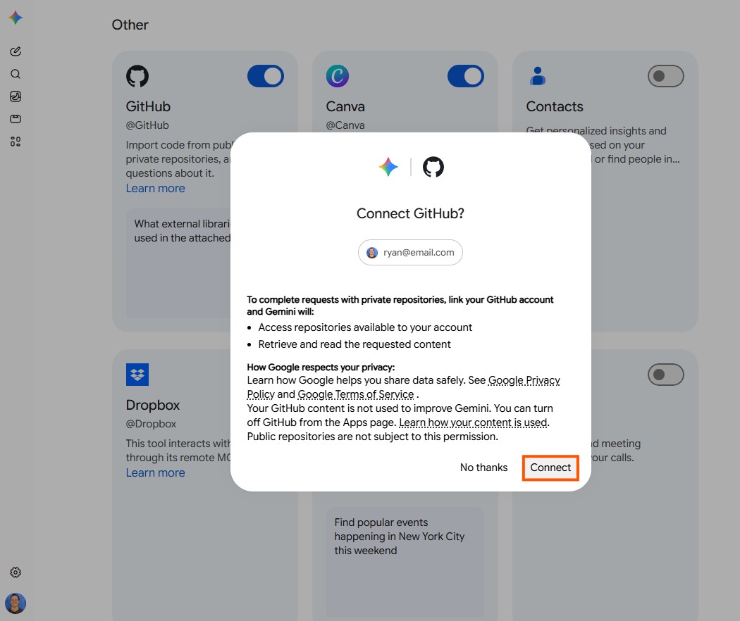 Authorizing a connected app in Gemini