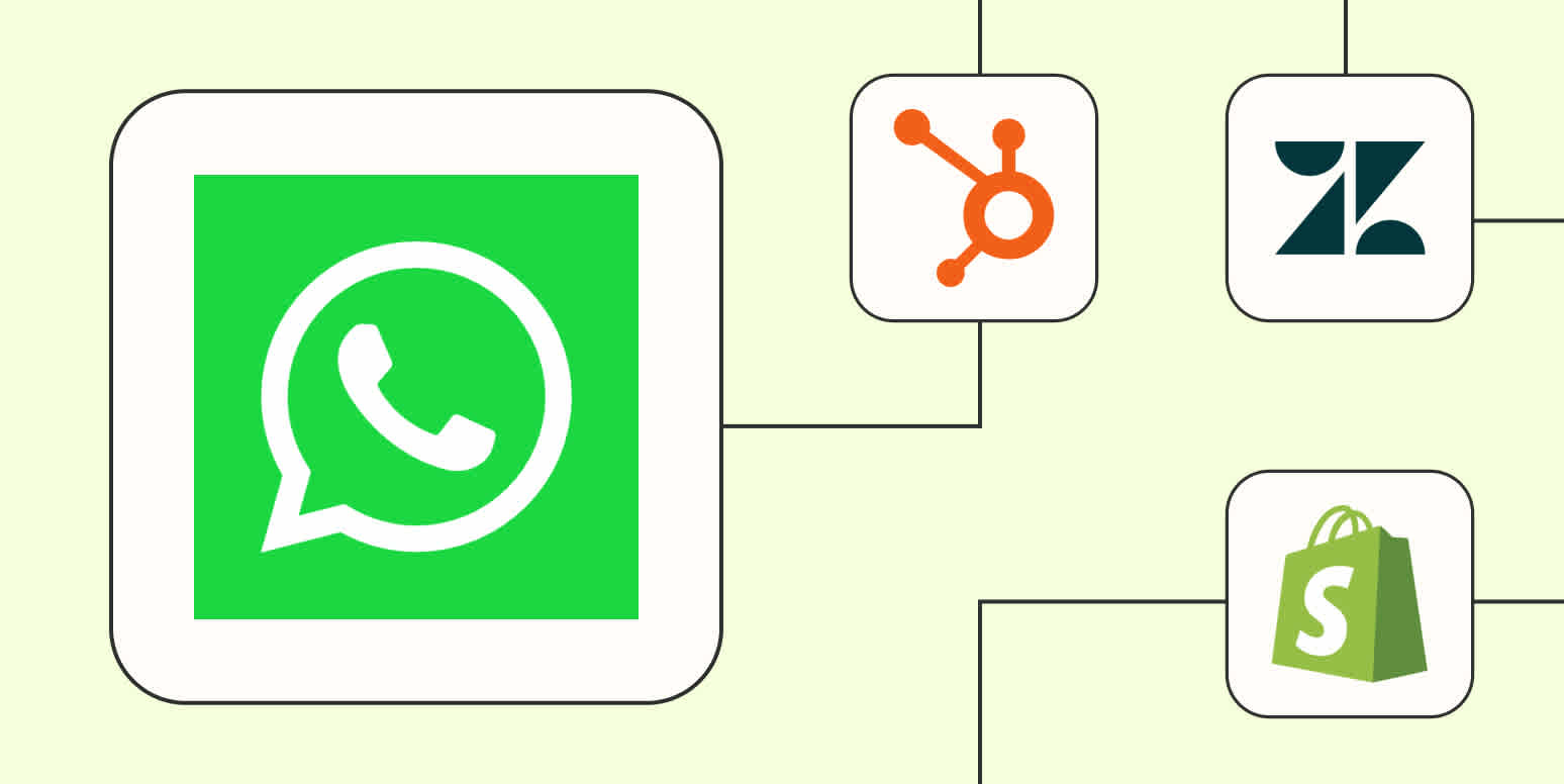 The WhatsApp Business logo connected to logos for HubSpot, Zendesk, and Shopify