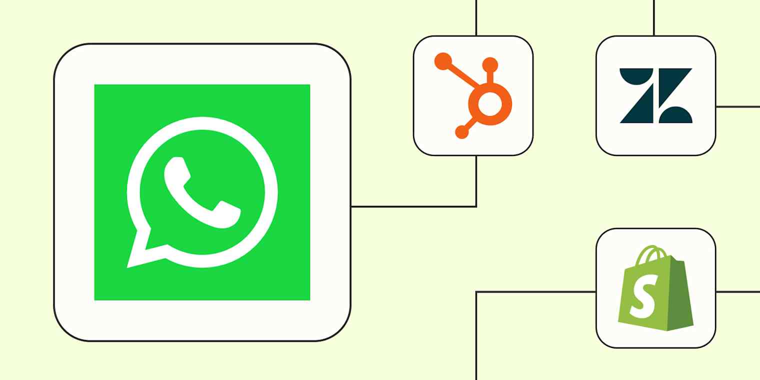 The WhatsApp Business logo connected to logos for HubSpot, Zendesk, and Shopify