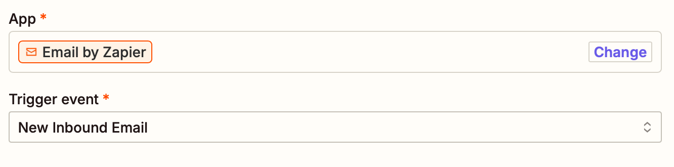 A Zapier trigger step where Email by Zapier is selected for the trigger app and New Inbound Email for the trigger event