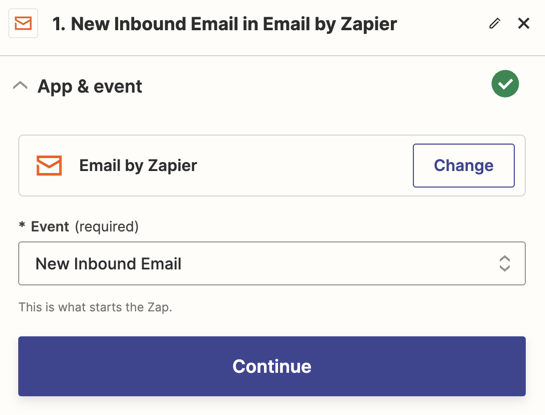 A Zapier trigger step where Email by Zapier is selected for the trigger app and New Inbound Email for the trigger event