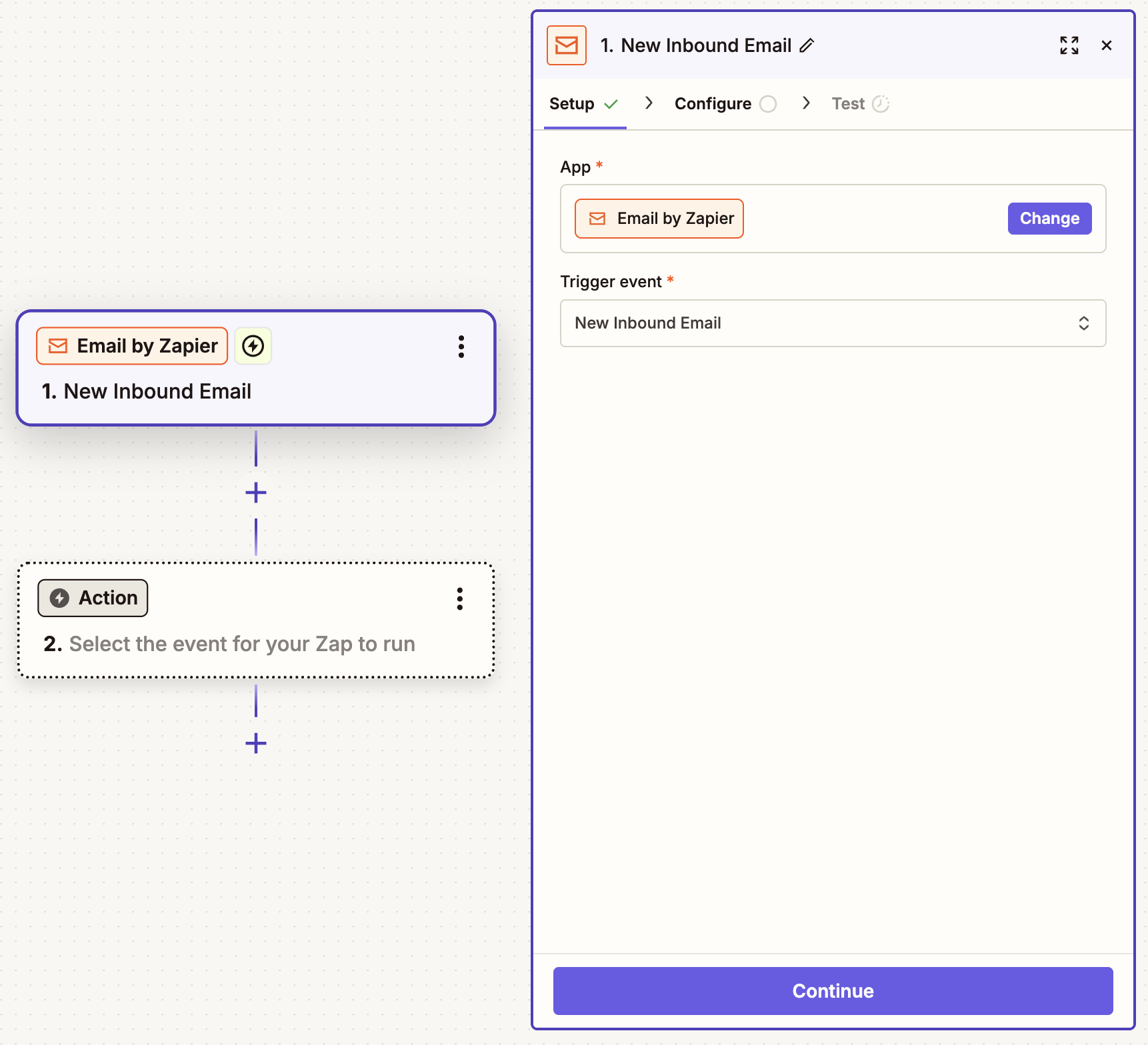 The Zap editor with an Email by Zapier trigger step set up