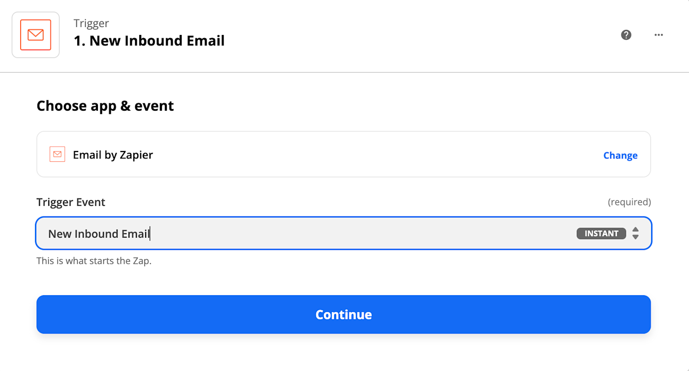 A Zapier trigger step where Email by Zapier is selected for the trigger app and New Inbound Email for the trigger event