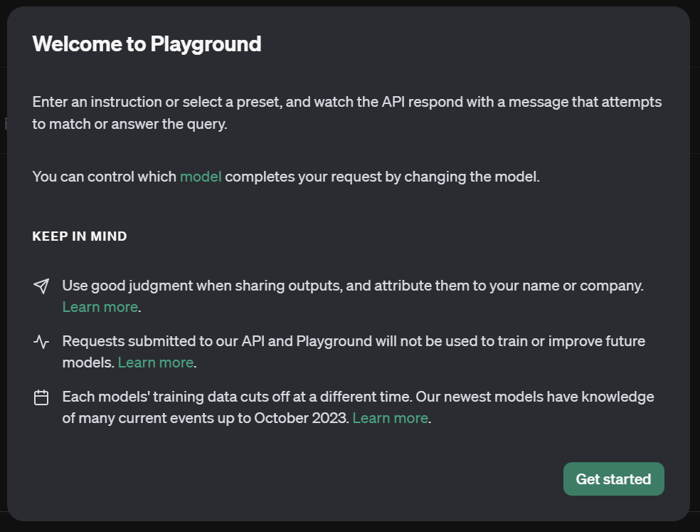 The Get started button in the OpenAI playground