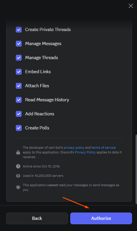 Authorizing the bot's allowed actions