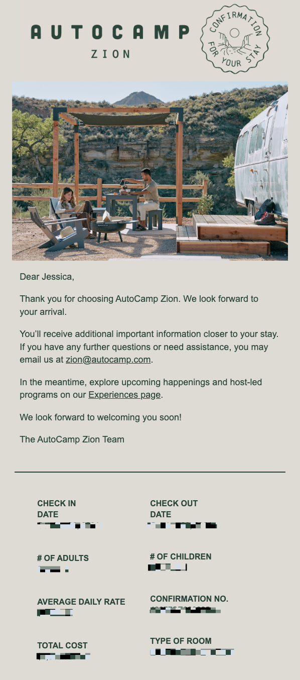 Order confirmation email marketing example from the hotel company AutoCamp.