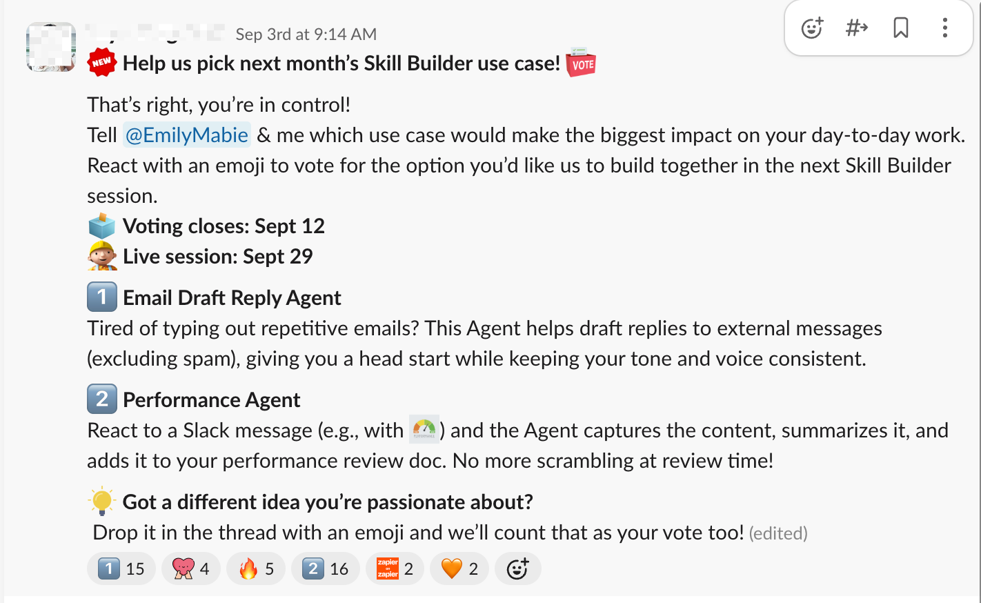 Slack message with a poll for two AI skill building topics. 