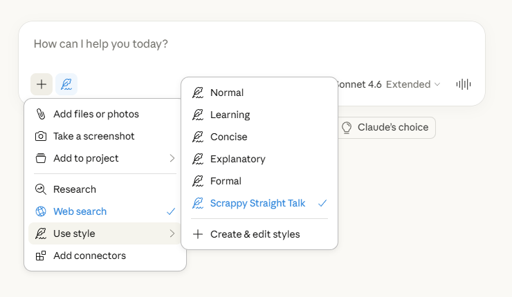 Claude's writing style options
