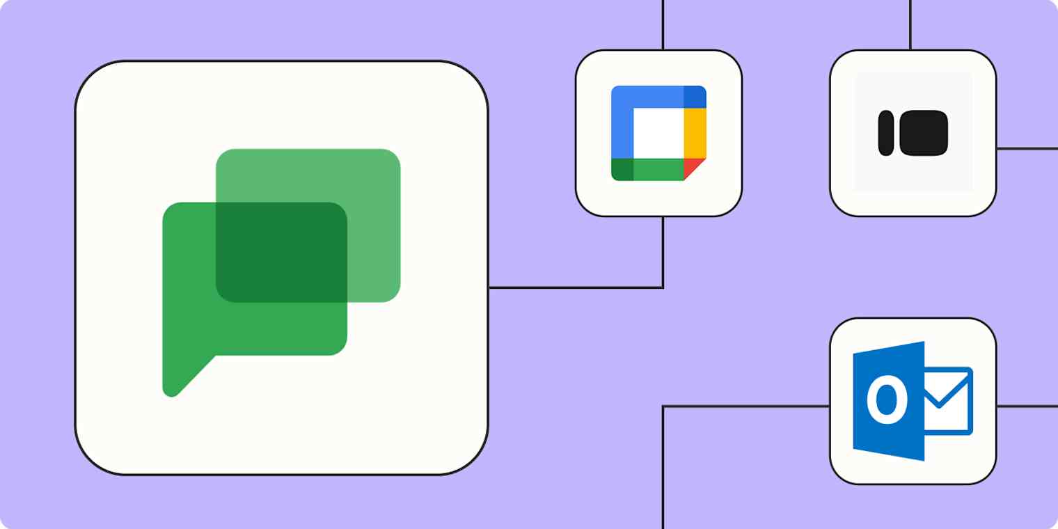 Screenshot of Google Chat logo on a lilac background connecting to other apps