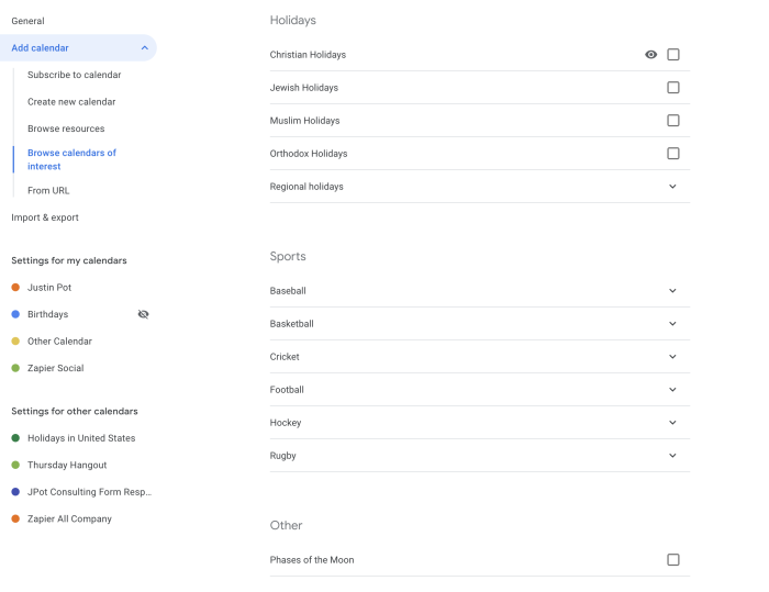Holiday calendars in Google Calendar
