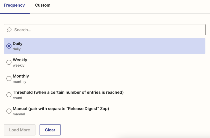 A dropdown menu in the Zap editor. Users can select the frequency they want digests delivered.