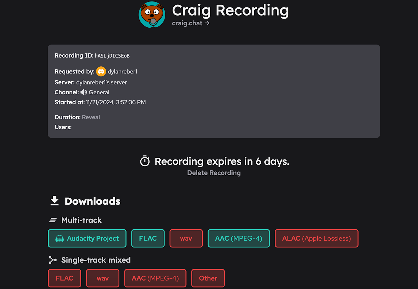 Screenshot showing Craig's recording download site