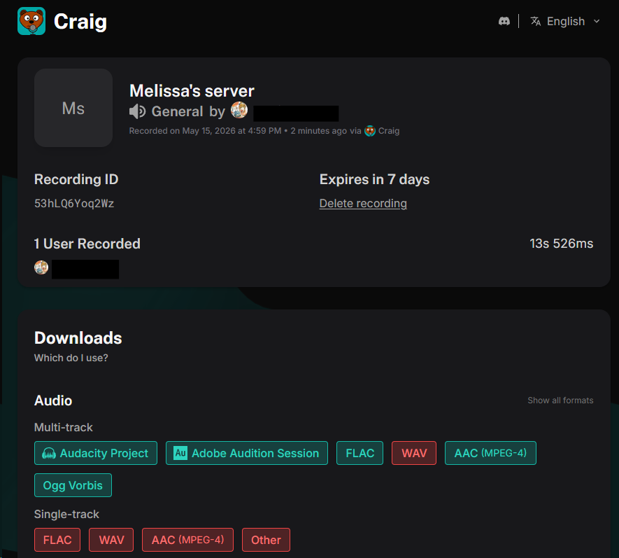 Screenshot showing Craig's recording download site