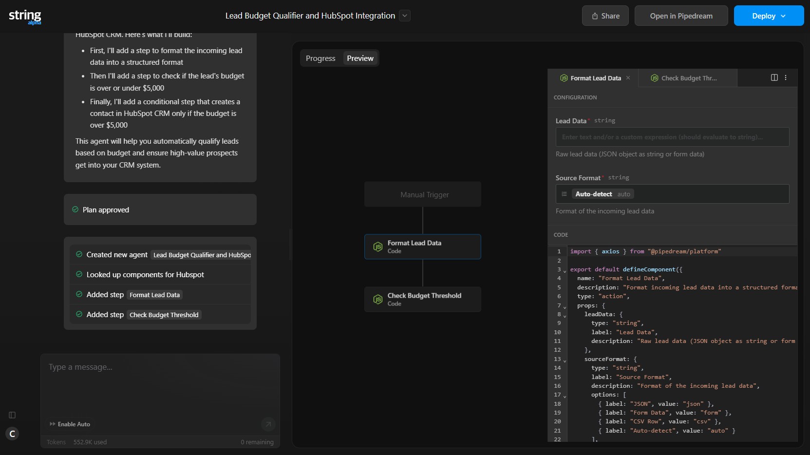 The output of String in Pipedeam