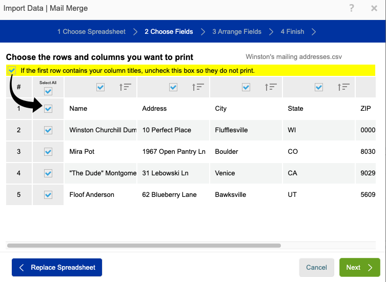 A screenshot showing how to choose fields. There are checkboxes to allow you to select specific columns and rows so that you only print what is needed.