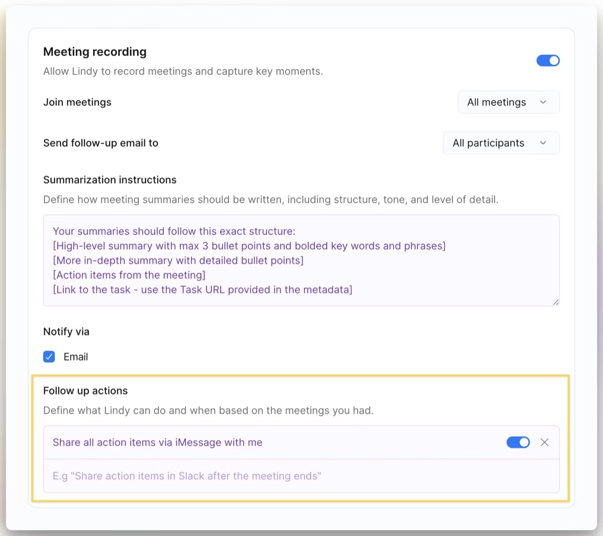 The meeting settings page in Lindy
