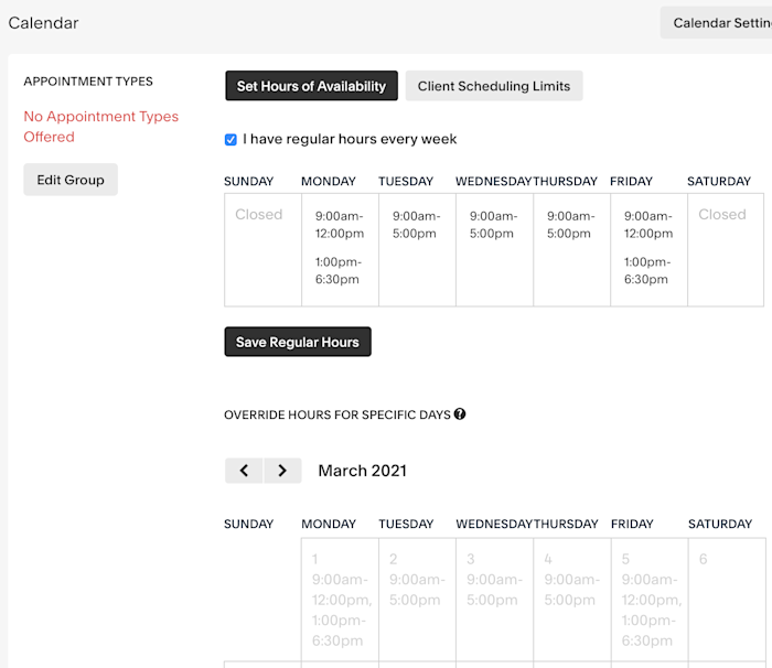 Setting up regular hours in Acuity