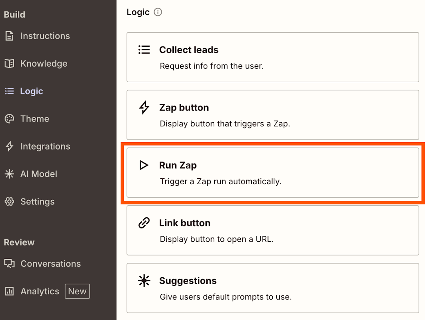Screenshot of run zap link button