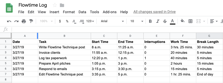 Flowtime Technique spreadsheet time log