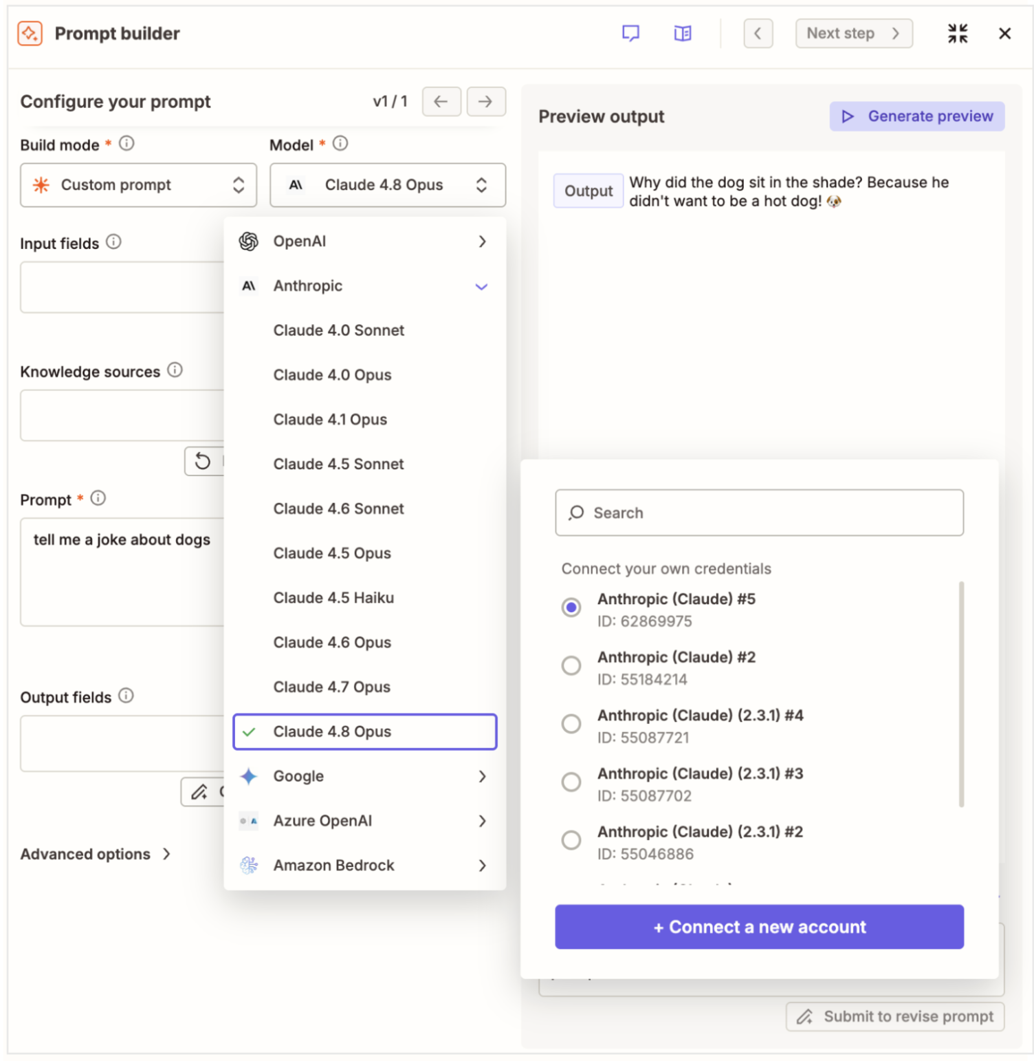 A dropdown menu inside an AI by Zapier step with options to select different AI models