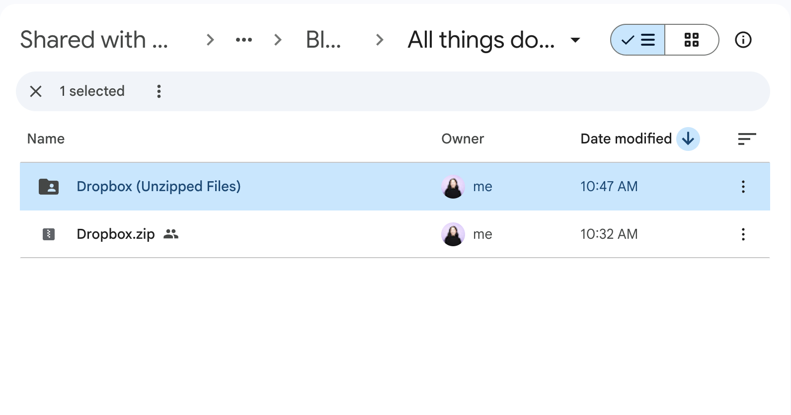 List of folders, including one zipped and another unzipped, in Google Drive.