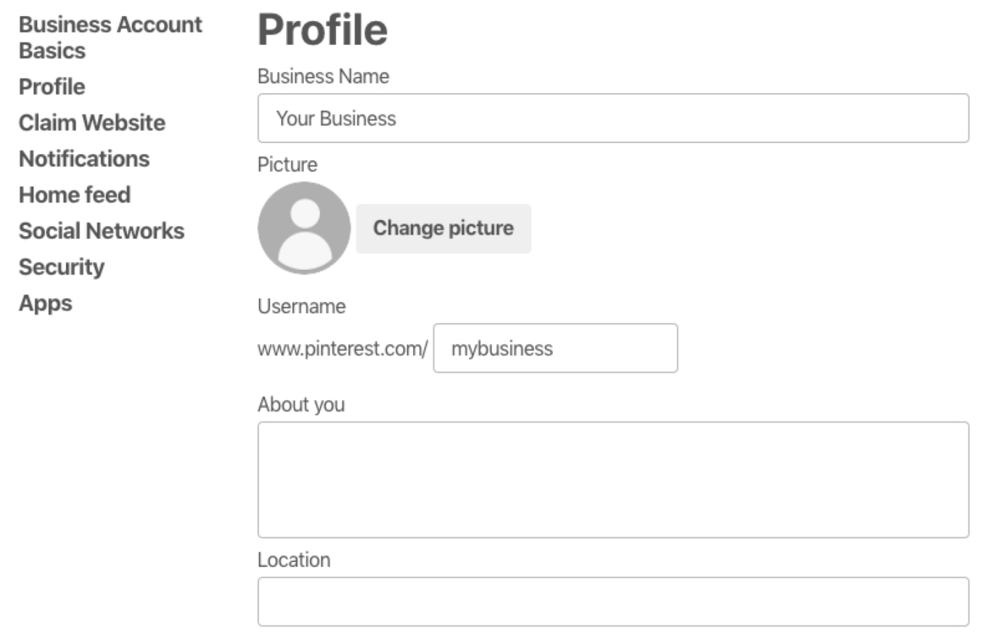 Blank Pinterest business profile