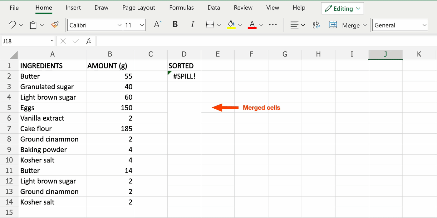 A screen recording of an Excel worksheet with three merged cells in column D blocking a spill range. There's a #SPILL error above the merged cells. The mouse clicks the merged cells, then selects "Merge," and "Unmerge Cells" from the ribbon. The #SPILL area immediately updates with a spill of unique ingredients.