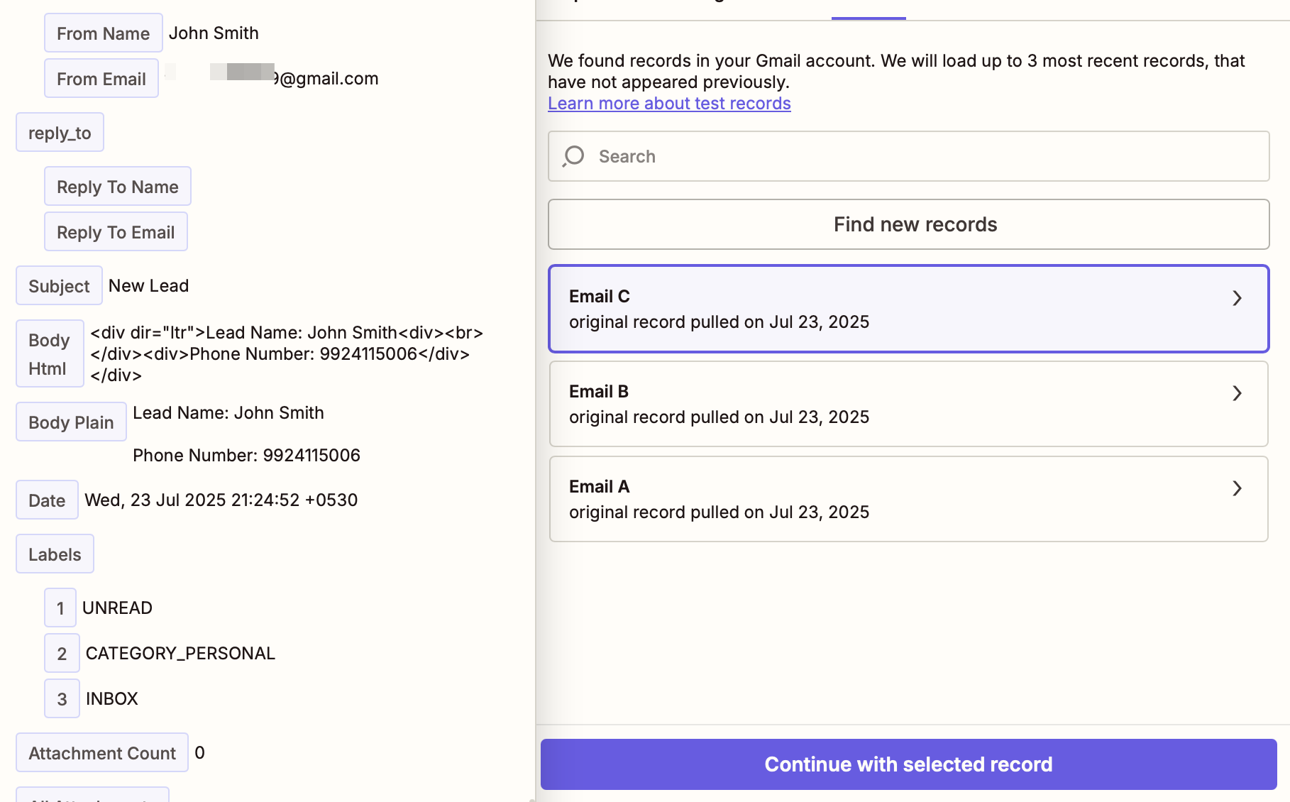 A window in the Zap editor that lists three test records, with the data for one of the records displayed on the left-hand side of the window.