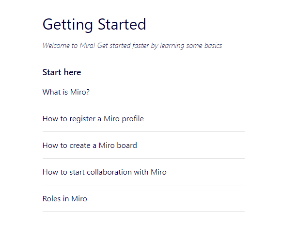 Miro's Getting Started section