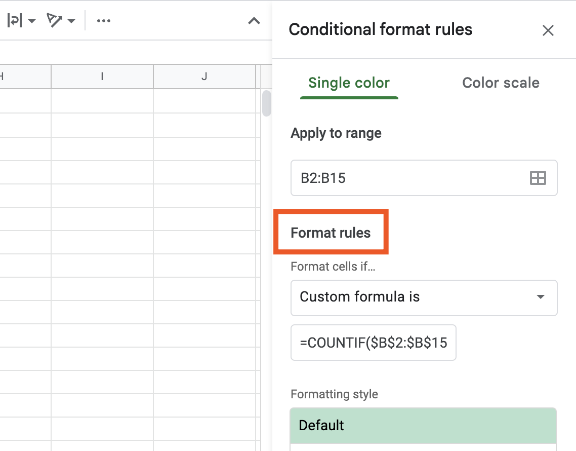 Conditional format rules window in a Google Sheets worksheet. The format rules section title is highlighted and a portion of the custom formula is visible in the values or formula bar.