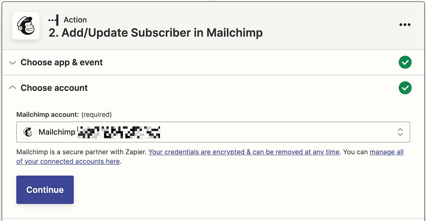 A field labeled "Choose account" with a Mailchimp account selected from the dropdown.