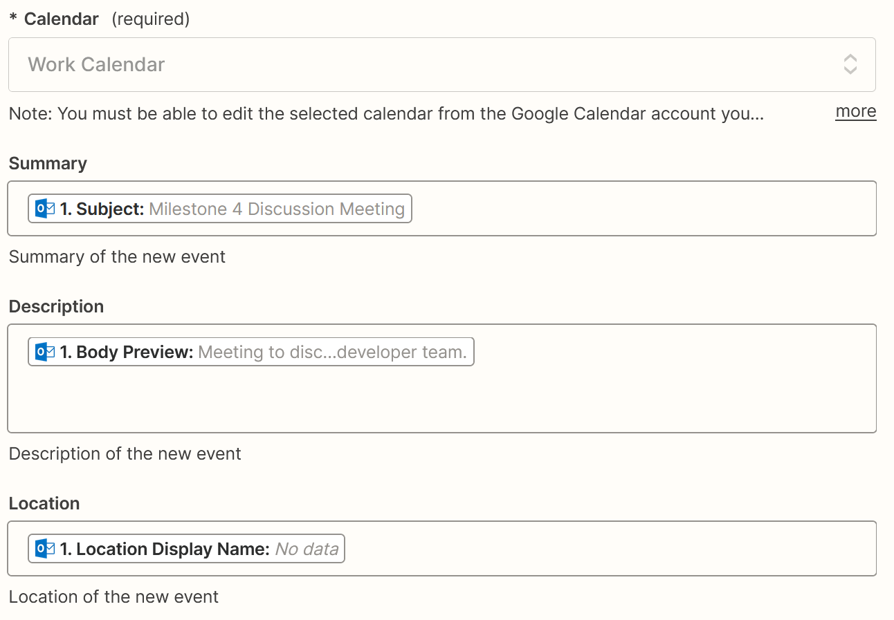 Google Calendar fields with data from Microsoft Outlook added to each field.